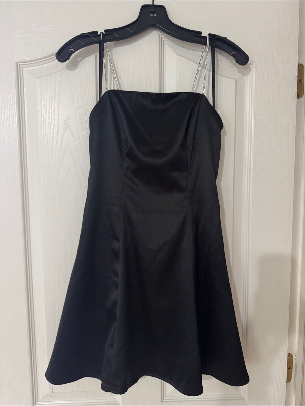 Chic Black Satin Mini Dress with Chain Straps